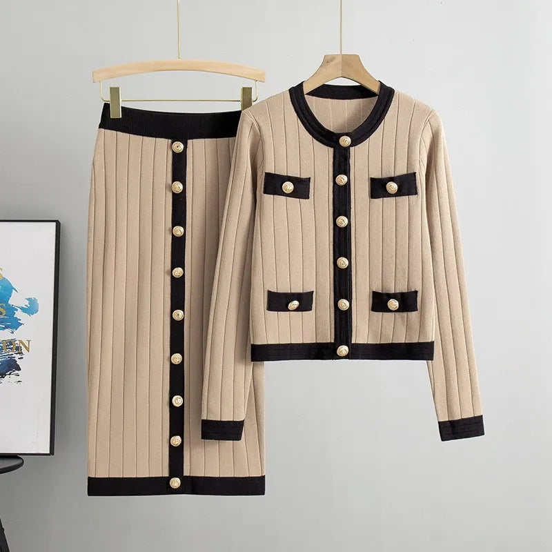 Women Knit Two Pieces Eleght Knitted Cardigan Coat Buttons Solid Colour Long Skirt Casual Suit Knitting Skirts Outfits