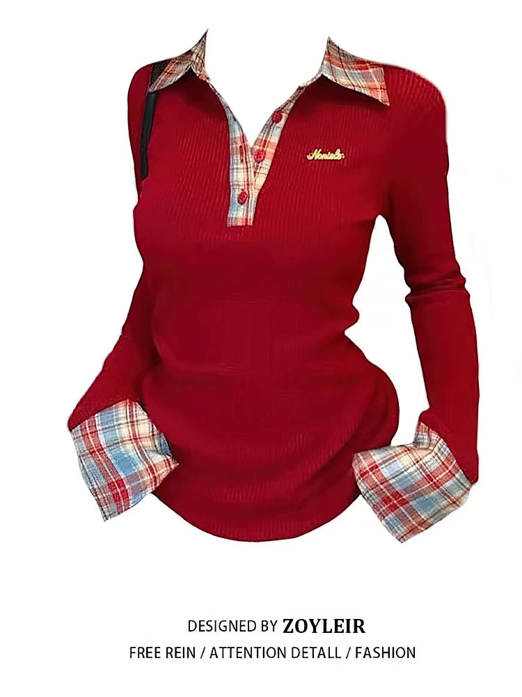 Preppy Polo Neck Knit Plaid Long sleeve T shirt Women False 2 Piece Basic Top V neck Button Blouses Tees 2026 New