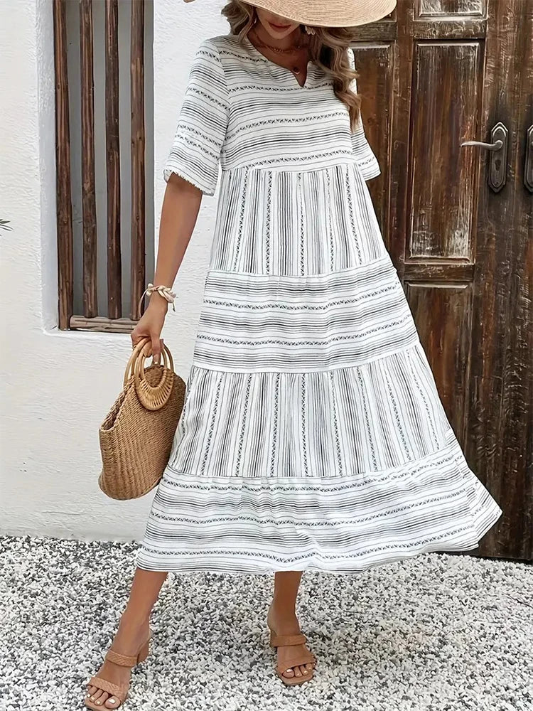 Women's Multifunctional Black and White Striped Bohemian Mid-Length Dress with V-Neck, Short Sleeves, and Flared Skirt for Casua