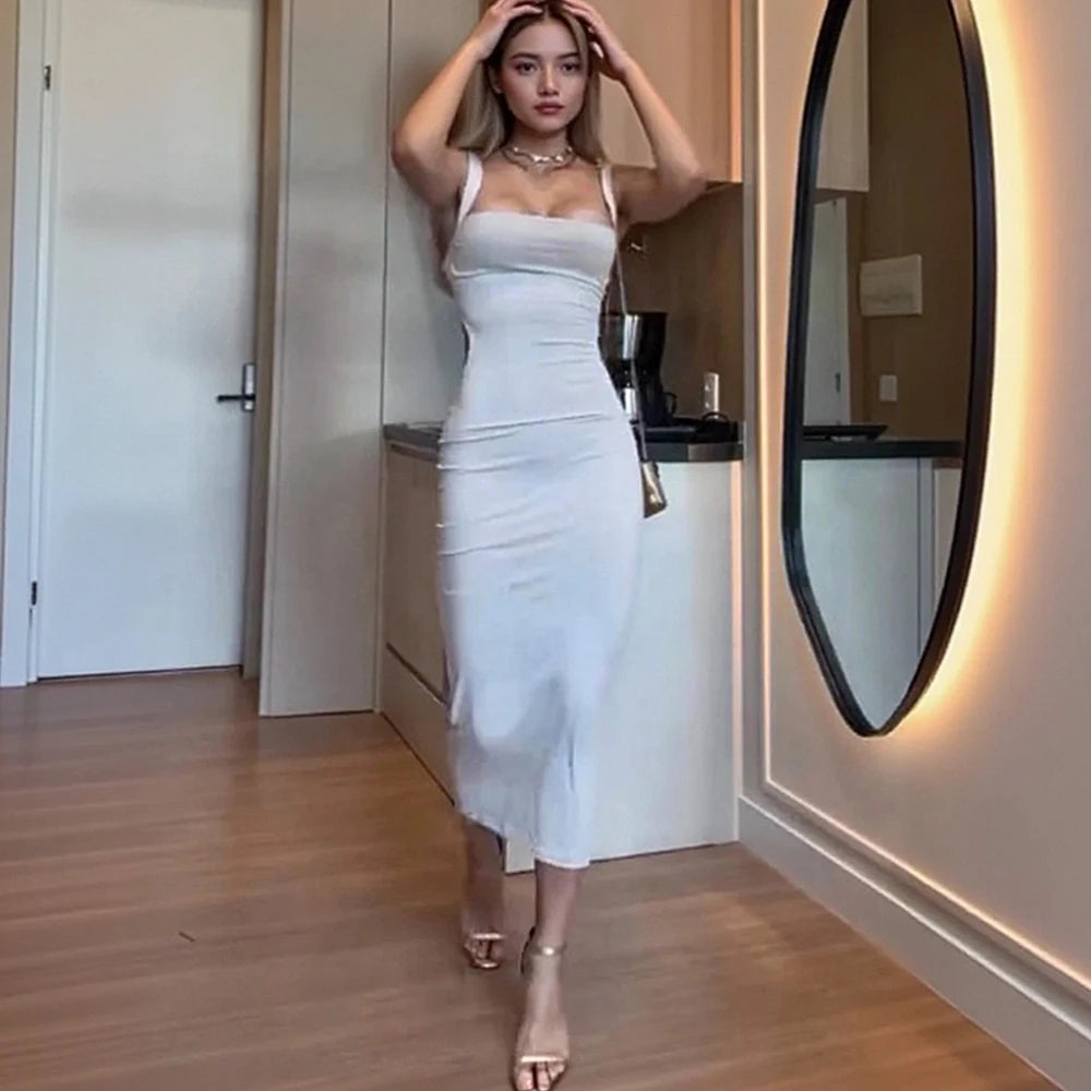 Wefads Female Elegant Bodycon Mini Dresses Party Long Cami Dress Women Spaghetti Strap Dress Slim Square Neck 2026 New