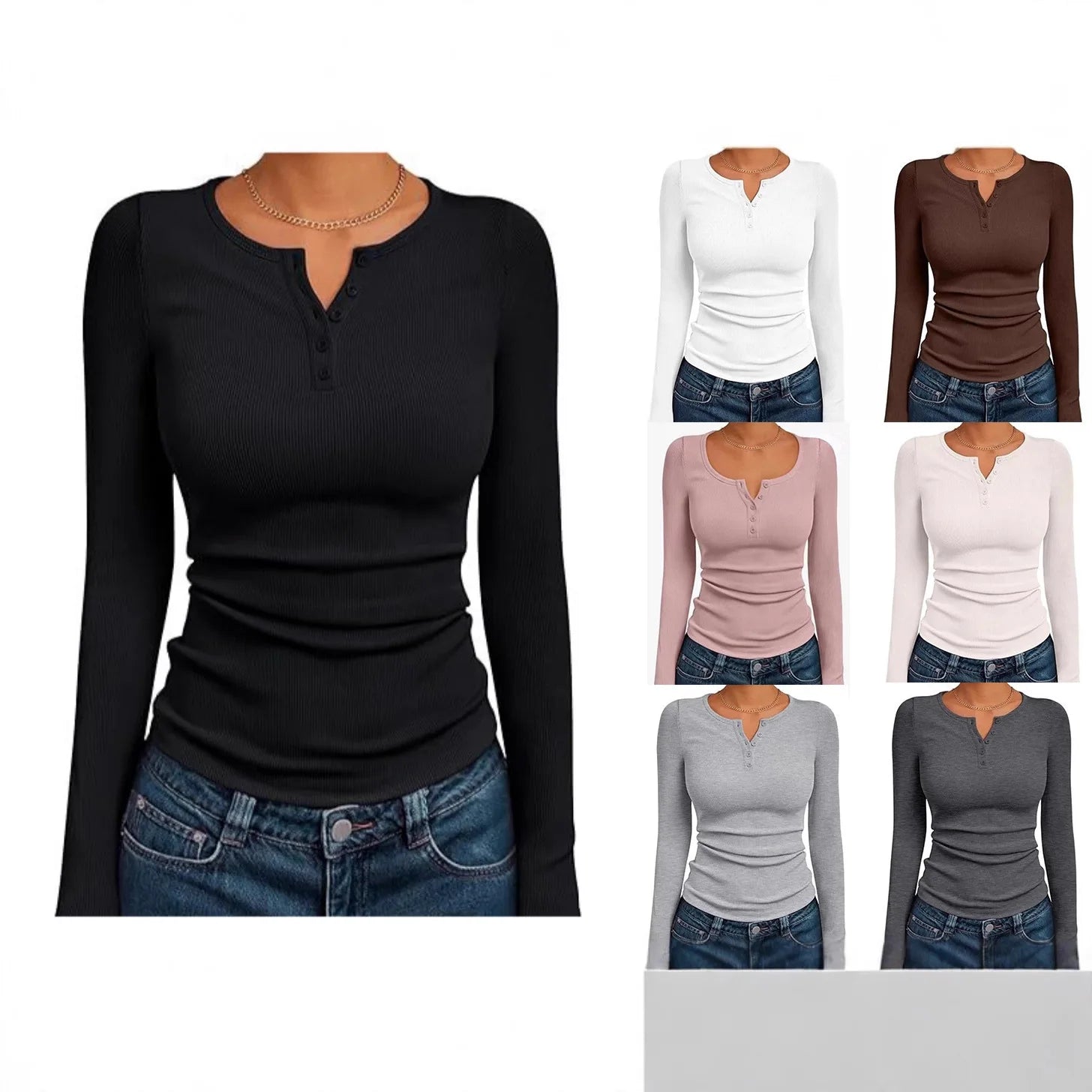 Fashionable Women's Long Sleeve Slim Fit Autumn 2026 Henry Collar T-Shirt Ribbed Basic Style Top for Ladies