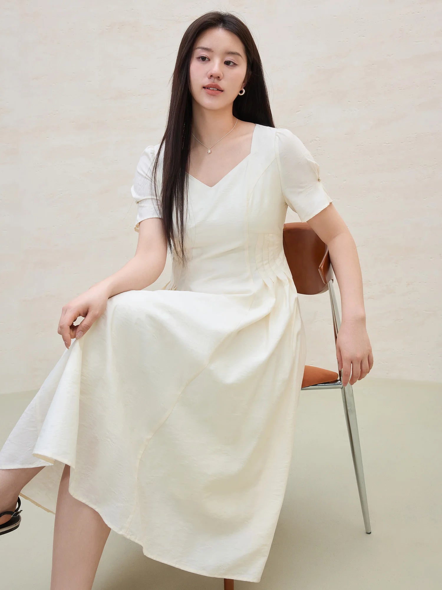 DUSHU 2026 Summer Plus Size Women French-Style Square Neck Elegant Dress - Slimming Waist-Defining Solid White Maxi Dress
