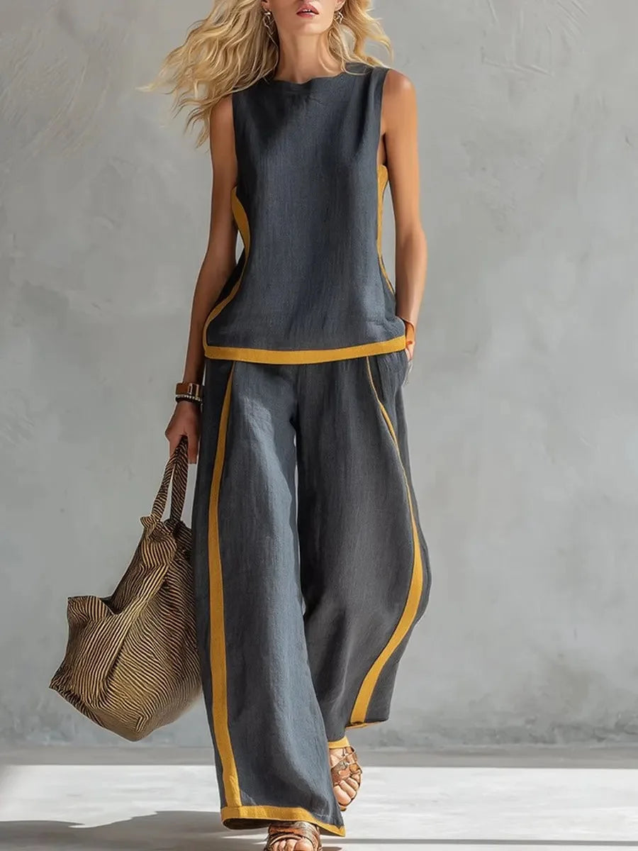 Color Blocking Loose Women Summer Sleeveless Sportswear 2PCS Matching Set O-Neck Wide Leg Pant Pocket Ladies Outfit Streetwear