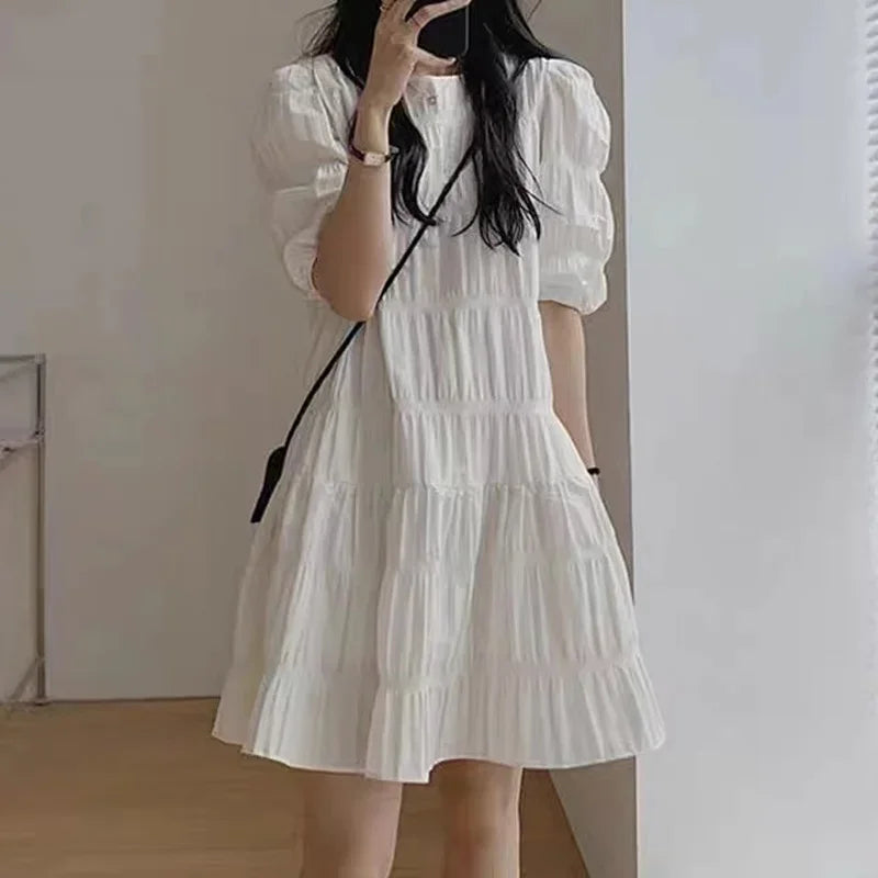 Fashion French Pleaded Dress for Women 2026 Casual Loose Short Sleeve Summer Beach Dress Evening Party White Dresses Y2k Clothes