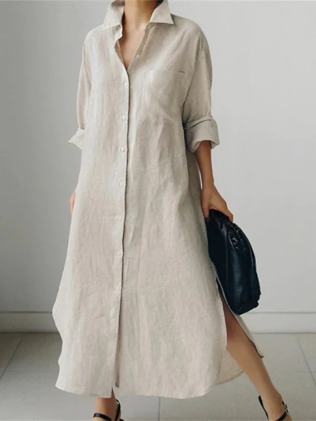 2026 Spring Cotton Linen Oversize Women Dress Black Turn-Down Collar Loose Dresses Female Elegant Casual Trendy Ladies Clothes