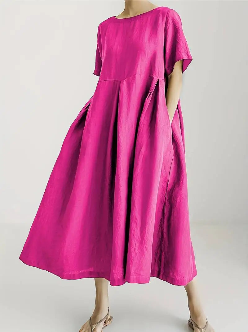 Trendy Women's Fuchsia Flowy Midi Dress Round Neck Short Sleeve Oversized Loose Fit Side Pockets Casual Spring Summer Daily Outf