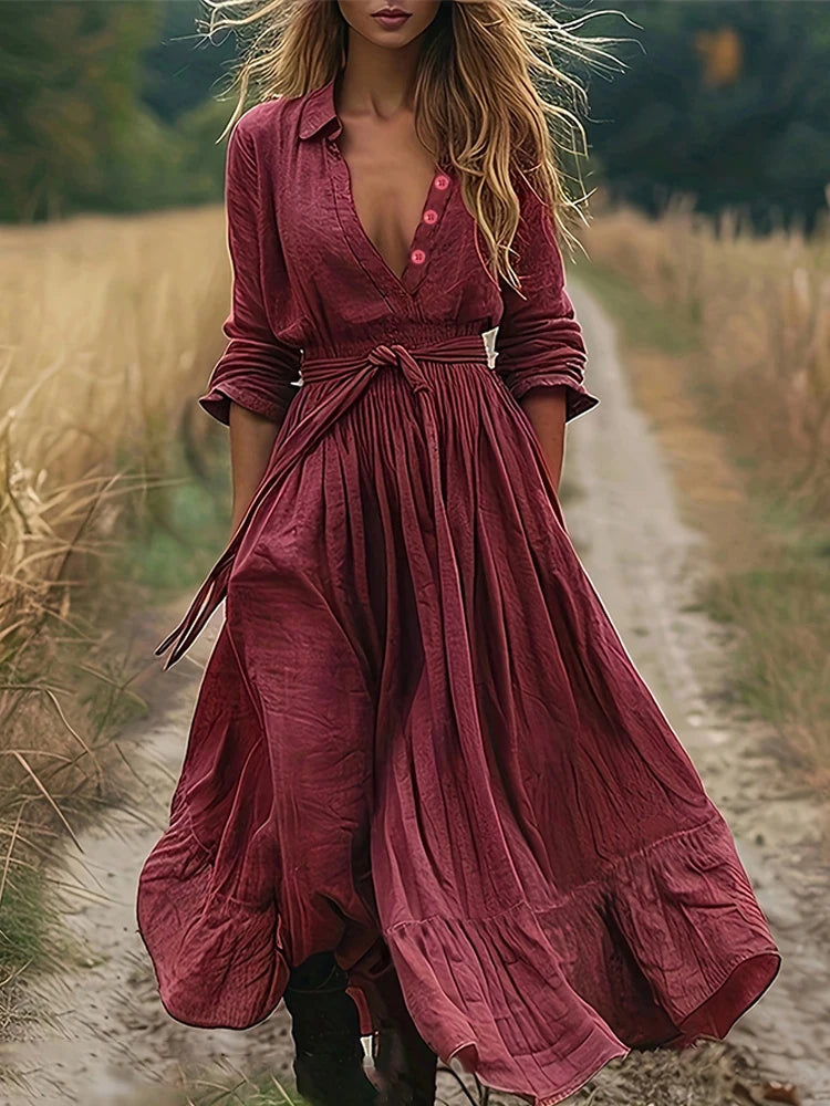 Fashionable women's burgundy deep V-neck long dress with a drawstring waist, textured fabric, vintage Bohemian casual style